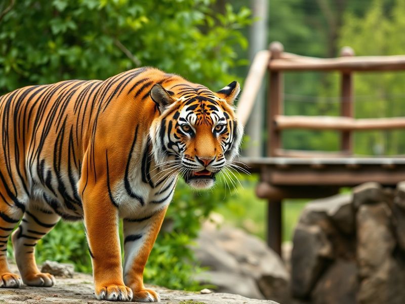 A vibrant daytime scene at Banham Zoo, featuring lush green enclosures, a Sumatran tiger lounging in a naturalistic habitat,