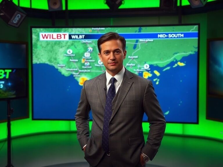 A WLBT meteorologist standing in front of a green screen weather map, pointing to an on-screen tornado warning in Jackson, Mi