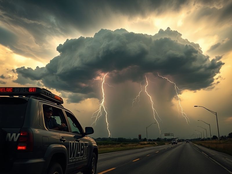 A WLBT meteorologist standing in front of a green screen weather map, pointing to an approaching storm system on a radar scre