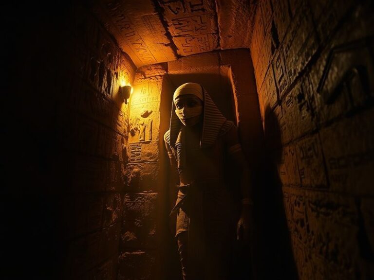 A cinematic poster for The Mummy 4, featuring a modern adventure hero standing against a backdrop of ancient Egyptian ruins a