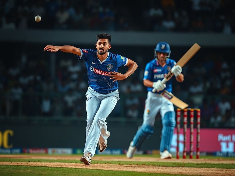 A vibrant cricket stadium packed with fans, featuring players from Delhi Capitals and Punjab Kings in action during a high-en