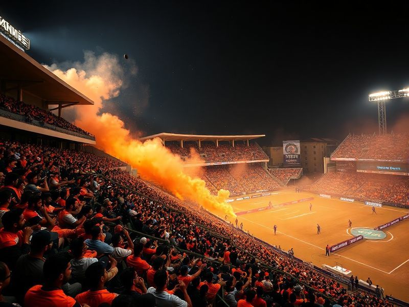 A vibrant cricket stadium packed with fans wearing Quetta Gladiators (teal) and Karachi Kings (blue) jerseys. The atmosphere