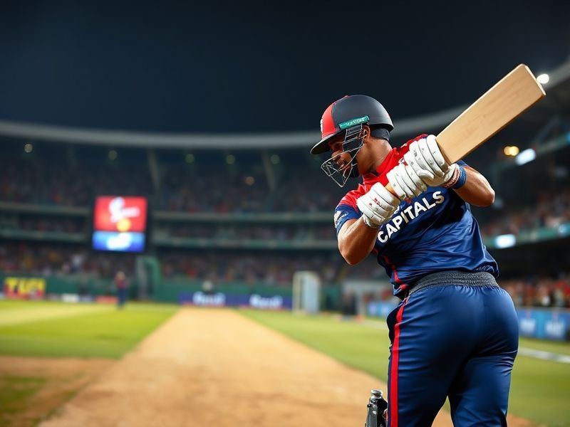 A vibrant IPL stadium filled with cheering fans, showcasing the Delhi Capitals and Punjab Kings teams in action under bright