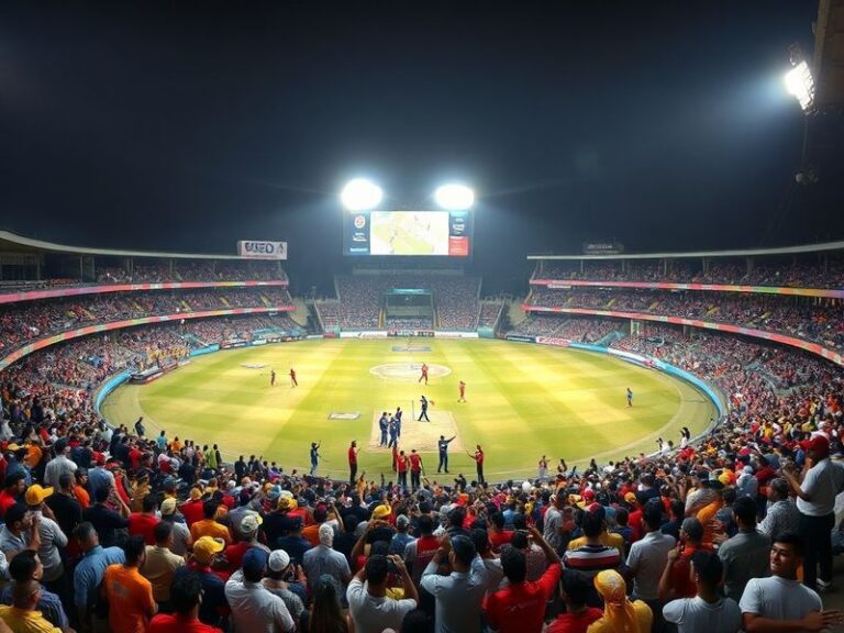 A vibrant cricket stadium at night, with the Delhi Capitals and Punjab Kings players in action. The scoreboard glows in the b
