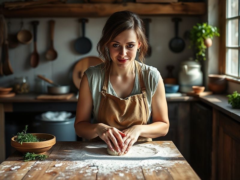 A vibrant kitchen scene featuring Georgina Hayden cooking with fresh, seasonal ingredients. She is smiling while stirring a p