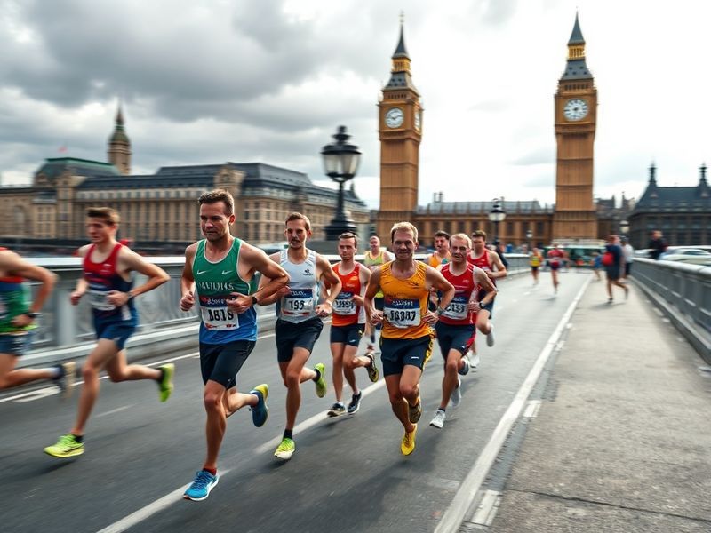 A vibrant scene of the London Marathon with runners passing Big Ben in early morning light, spectators cheering from the side
