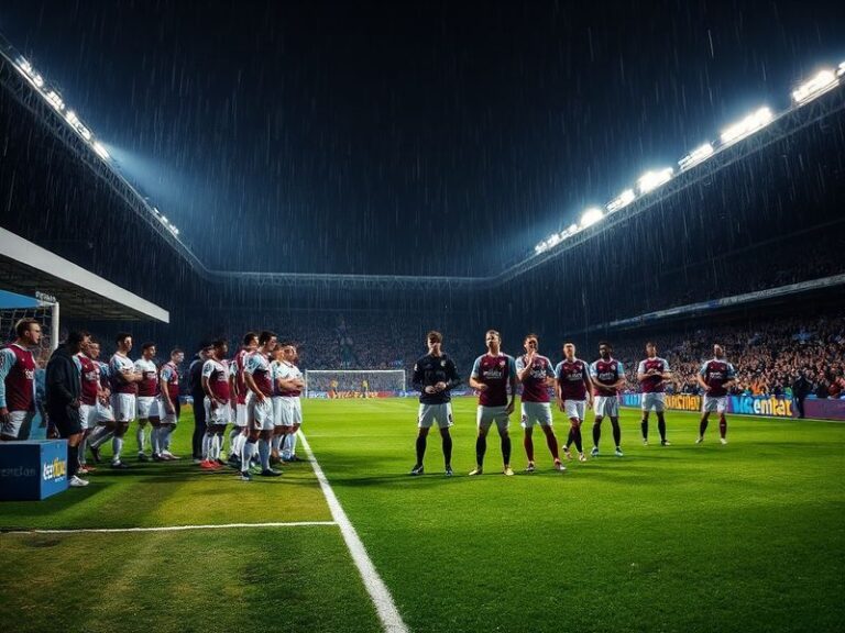 A wide shot of Craven Cottage during the Fulham vs Aston Villa match, showing players in action with the floodlights illumina