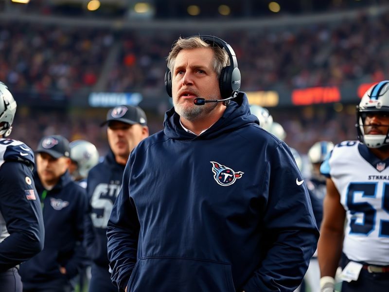 A dynamic action shot of Mike Vrabel on the sidelines, wearing a Tennessee Titans hoodie, surrounded by assistant coaches in