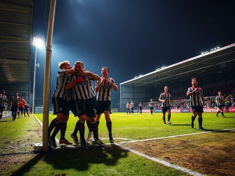A packed stadium with fans in red and blue scarves, one side waving Grimsby Town flags and the other side holding Swindon Tow