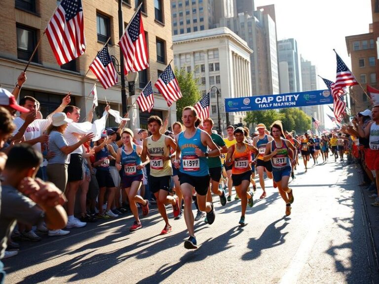 A vibrant scene of the Cap City Half Marathon with runners crossing the finish line in front of the Ohio Statehouse, surround