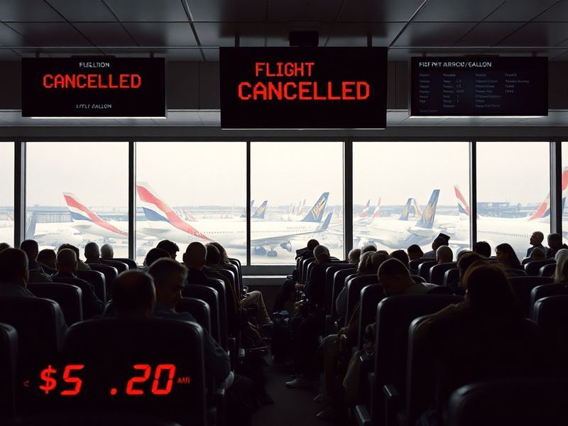A modern airport terminal with canceled flights displayed on digital boards, fuel trucks refueling planes in the background,