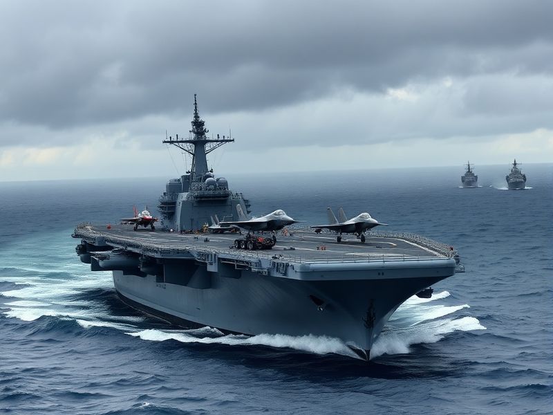 HMS Prince of Wales at sea with F-35B jets launching, surrounded by allied warships in calm blue waters under clear sky, conv