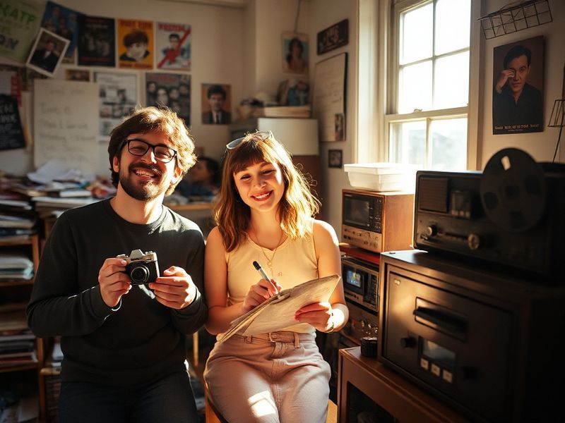 A split-image showing the Cascio siblings in a modern studio setting: Alex at a grand piano composing, Jamie at a modular syn