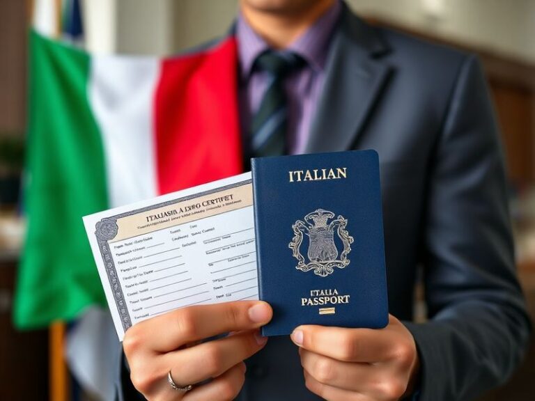 A vintage Italian passport with a map of Italy in the background, symbolizing heritage and travel. The image evokes themes of