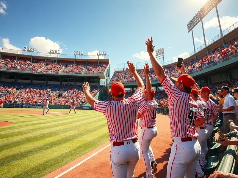 A vibrant nighttime scene at Grayson Stadium in Savannah, Georgia, filled with fans wearing banana-themed gear, players danci