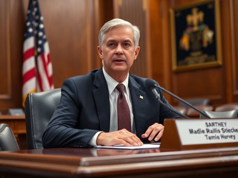 A formal portrait of a U.S. Attorney General seated at a desk in a wood-paneled office, surrounded by legal books and an Amer
