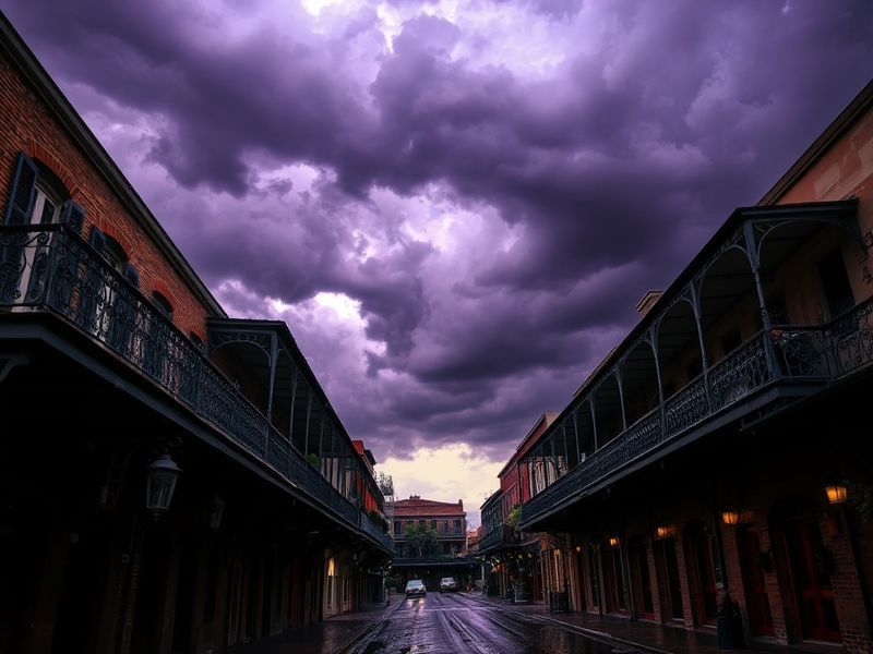 Aerial view of New Orleans during a summer thunderstorm, showing flooded streets with reflections of colorful Creole townhous