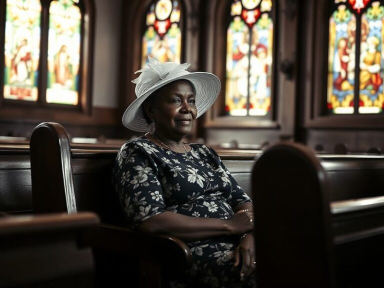 A contemplative portrait of Martha Odom sitting at a wooden desk surrounded by open books, a vintage typewriter, and a modern