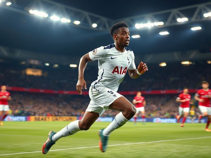 A dynamic action shot of Ryan Sessegnon in Tottenham Hotspur kit, dribbling with intent on the left flank, showcasing his pac