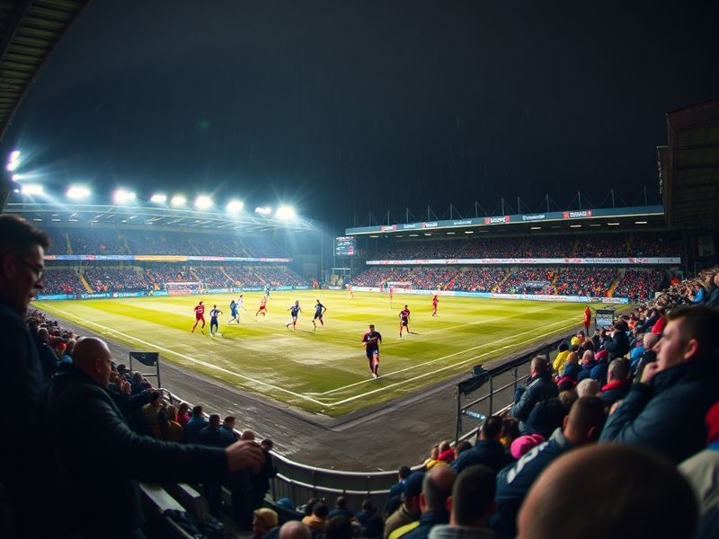A packed stadium under floodlights during a National League North match, with fans waving scarves and players in action on a