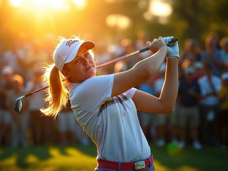 A focused shot of Stacy Lewis mid-swing on a sunlit golf course, wearing her signature blue and white LPGA attire, with a div