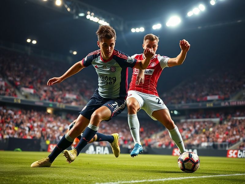 A split-image visual: on the left, Bayern Munich's Allianz Arena packed with fans in red, contrasting with Mainz 05's Mewa Ar