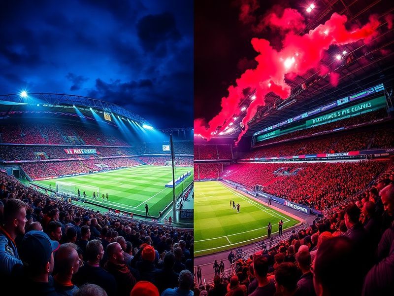 A vibrant matchday scene at RheinEnergieStadion in Cologne, with Köln fans in red and black scarves creating a dynamic, elect