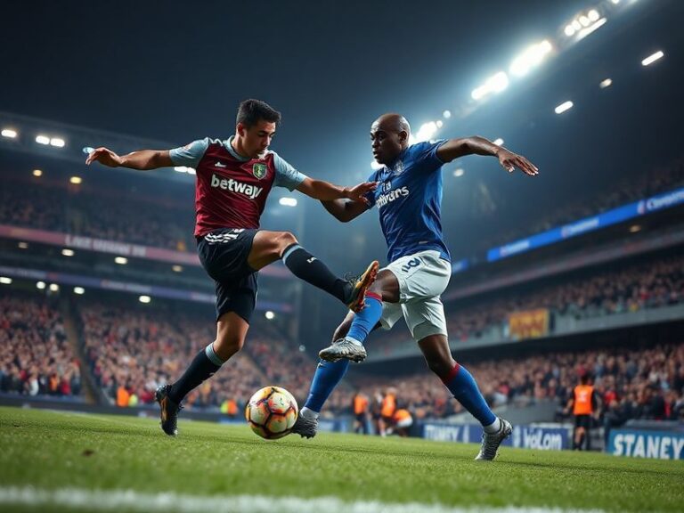A vibrant stadium shot of West Ham and Everton players in action under bright floodlights, with fans in the stands creating a
