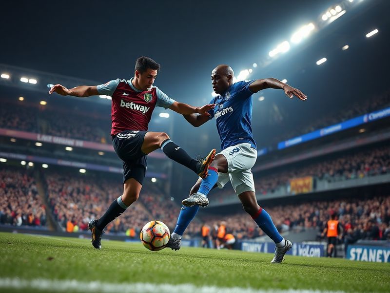 A vibrant stadium shot of West Ham and Everton players in action under bright floodlights, with fans in the stands creating a