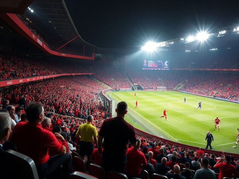 A vibrant stadium scene at Anfield during a Liverpool vs Crystal Palace match, showing fans in red, digital screens displayin