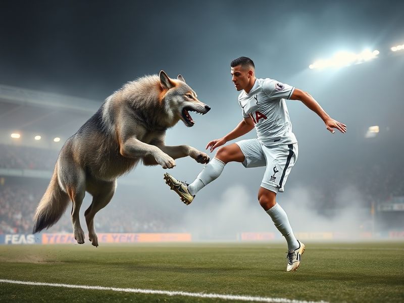 A mid-action shot from the Wolves vs Tottenham match at Molineux, showing Tottenham players in white pressing Wolves in maroo