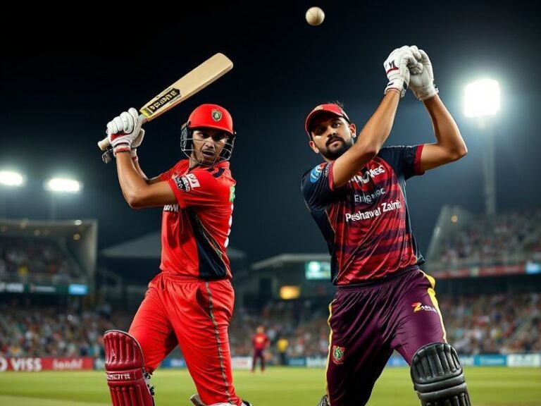 A packed stadium with vibrant team colors—red for Lahore Qalandars and yellow for Peshawar Zalmi—under bright floodlights, ca