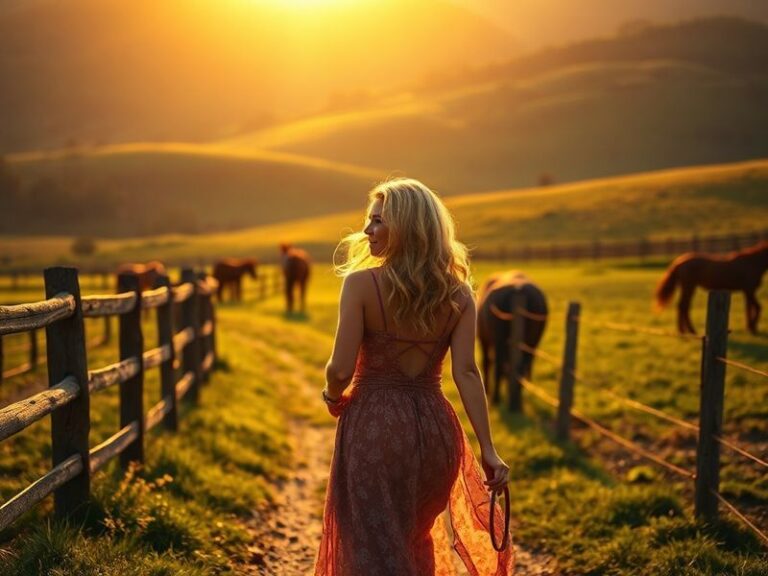 A serene daytime shot of Carrie Underwood’s modern farmhouse surrounded by rolling green hills, with horses grazing in the fo