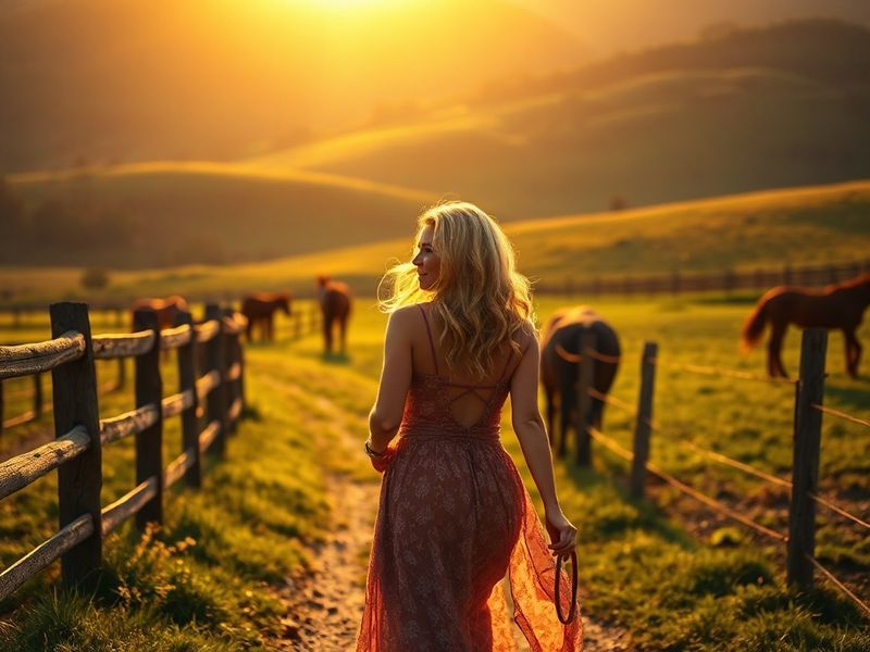 A serene daytime shot of Carrie Underwood’s modern farmhouse surrounded by rolling green hills, with horses grazing in the fo