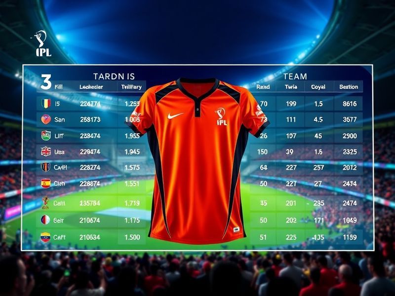 A vibrant cricket stadium packed with fans, displaying a live scoreboard showing the top four IPL teams. The atmosphere is el