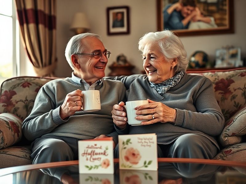 A cozy scene of a wooden table with a stack of Hallmark cards, a pen, and a vase of flowers. Soft, warm lighting evokes nosta