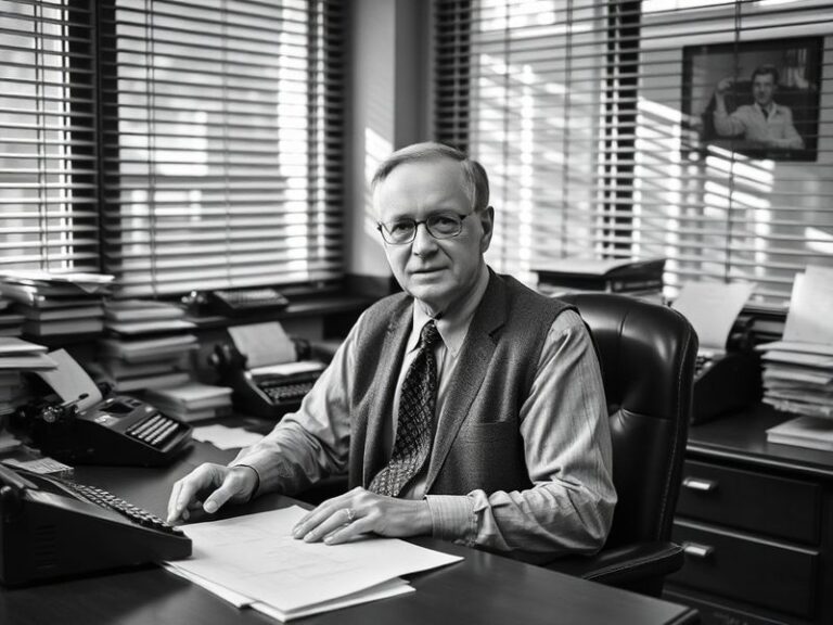 A mid-career portrait of William Green Jr. in a modern office setting, surrounded by holographic data visualizations of playe