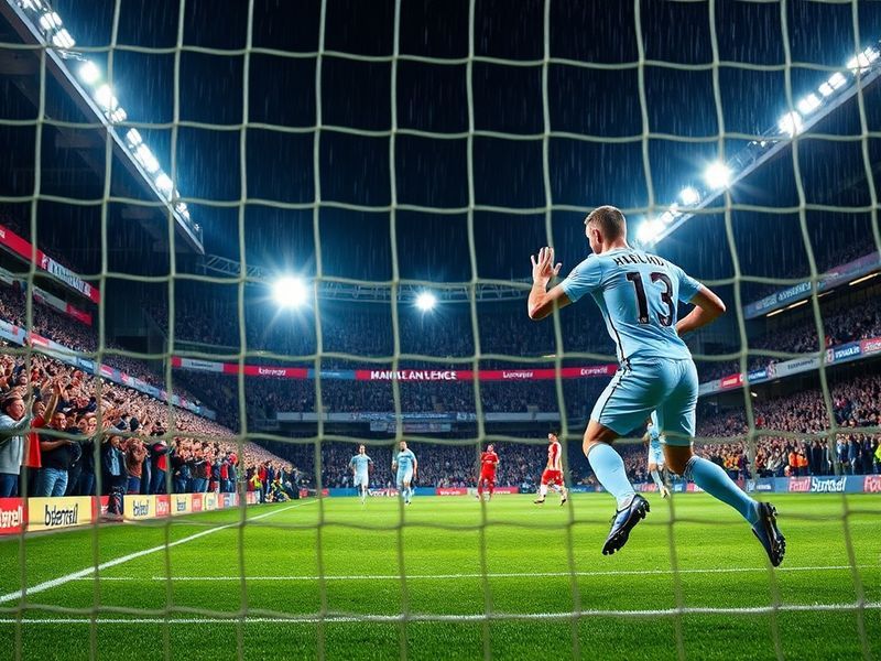 A high-energy shot of Manchester City players celebrating a goal against Southampton at the Etihad Stadium, with the Etihad c