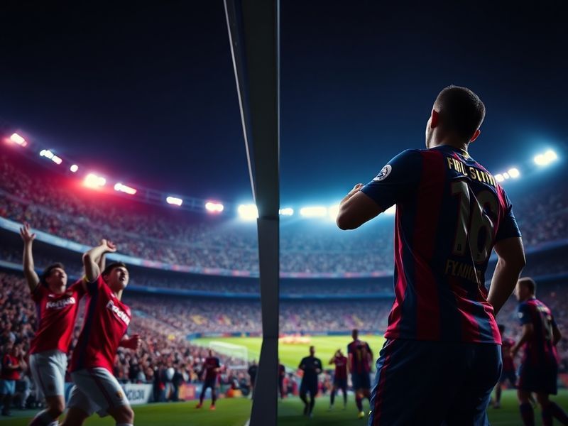 A vibrant action shot of Bayern Munich and Barcelona players mid-match at a packed stadium, with Bayern in red and Barcelona