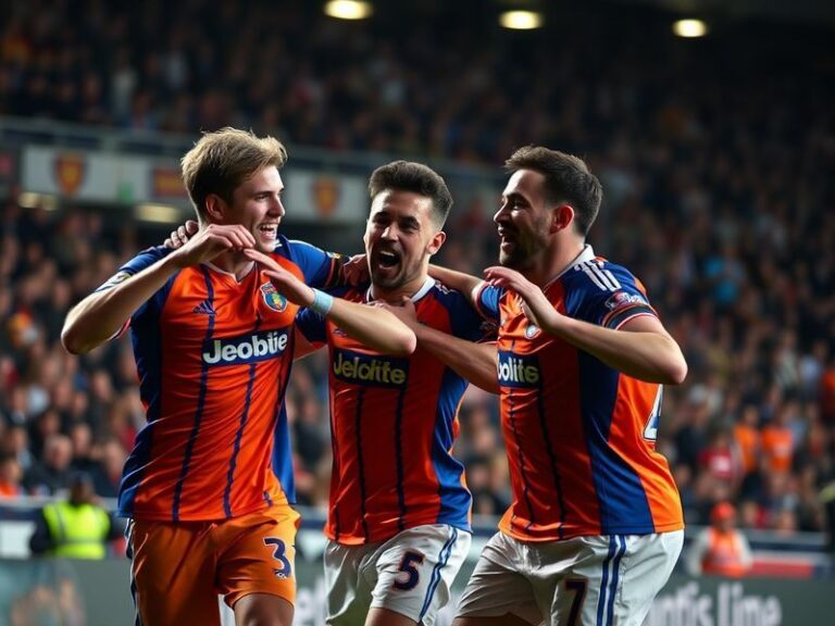 A vibrant matchday scene at Kenilworth Road stadium, with Luton Town fans celebrating a goal in a Championship match. The sta