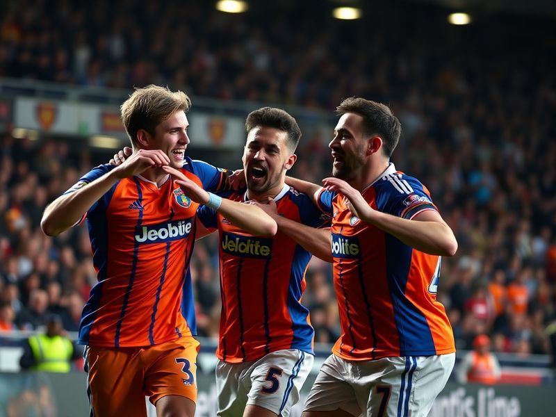 A vibrant matchday scene at Kenilworth Road stadium, with Luton Town fans celebrating a goal in a Championship match. The sta