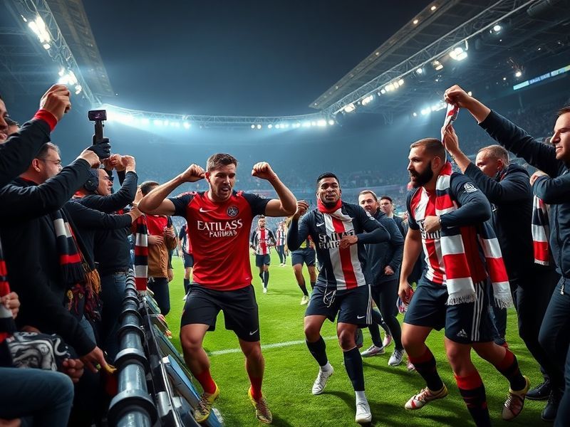 A dramatic shot of Gaëtan Laura scoring the winning goal for Angers against PSG, with PSG players in the background looking s