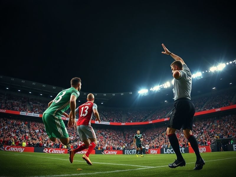 A vibrant stadium scene showing Benfica players in red jerseys dominating a smaller Moreirense team in yellow and black, with