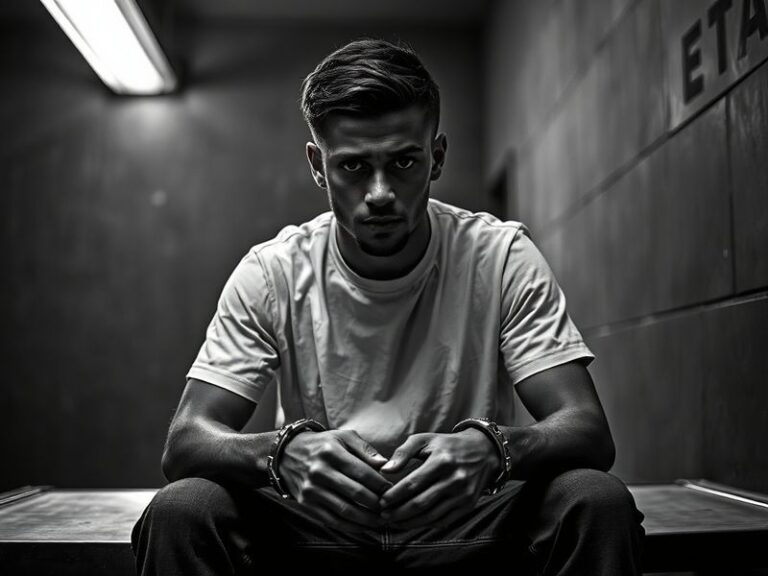 A black-and-white mugshot of Devin Moore from 2003, showing a young man with a serious expression, in a prison uniform, set a