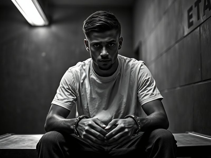 A black-and-white mugshot of Devin Moore from 2003, showing a young man with a serious expression, in a prison uniform, set a