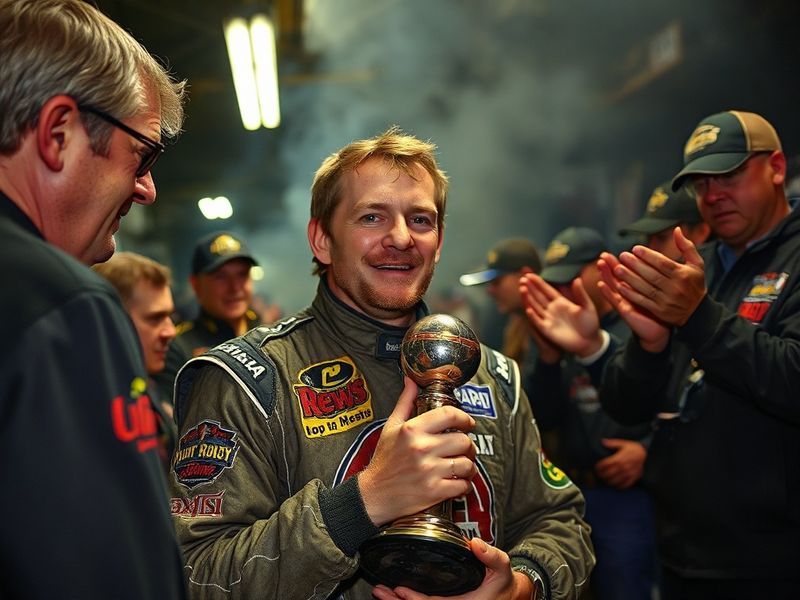 A dynamic shot of Bobby Earnhardt mid-race in a No. 8 car, surrounded by tire smoke, with a focused expression and a crowd bl