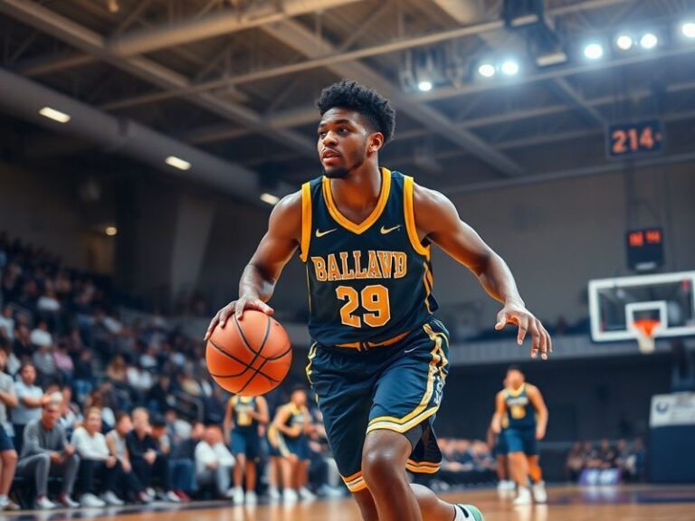 A dynamic action shot of Jalen Farmer in a game, mid-dribble with a focused expression, wearing his team’s uniform. The backg