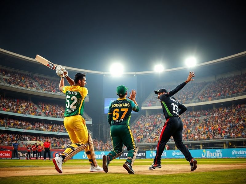 A vibrant stadium scene at night with Peshawar Zalmi (green and gold) and Lahore Qalandars (black and red) players shaking ha
