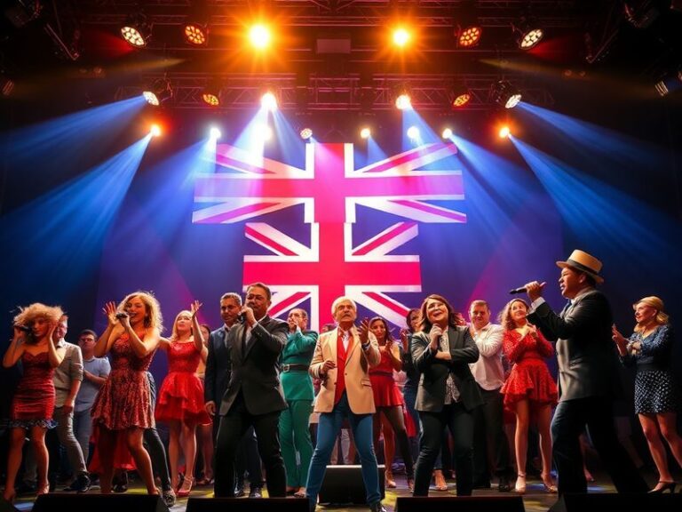 A vibrant stage setup from Britain’s Got Talent, featuring a diverse group of contestants—including a singer, a dancer, and a