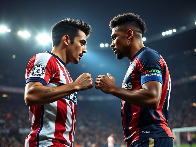 A dynamic shot of a heated Atlético Madrid vs Athletic Club match, showcasing players in mid-action on a rainy San Mamés pitc